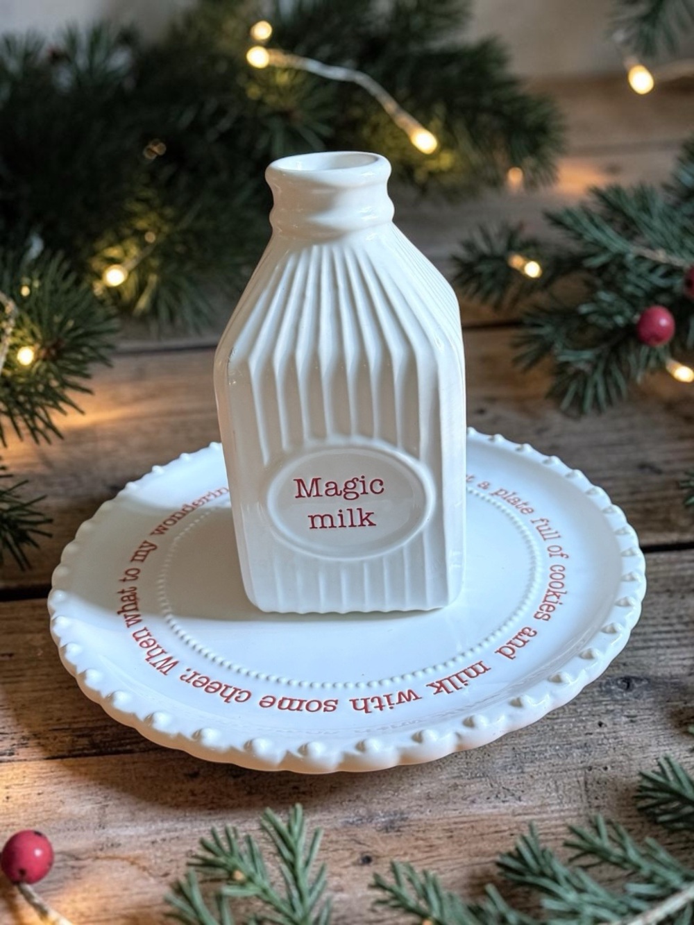 White "Magic Milk" Ceramic Milk Bottle and plate. Mudpie